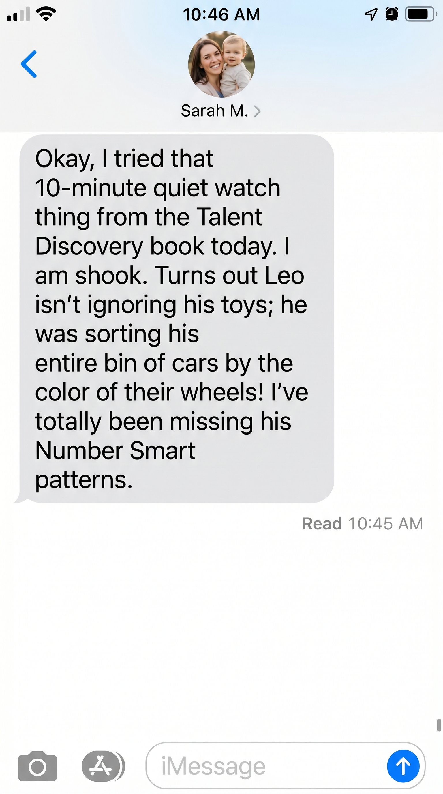 iMessage from Sarah about discovering her son's Number Smart patterns