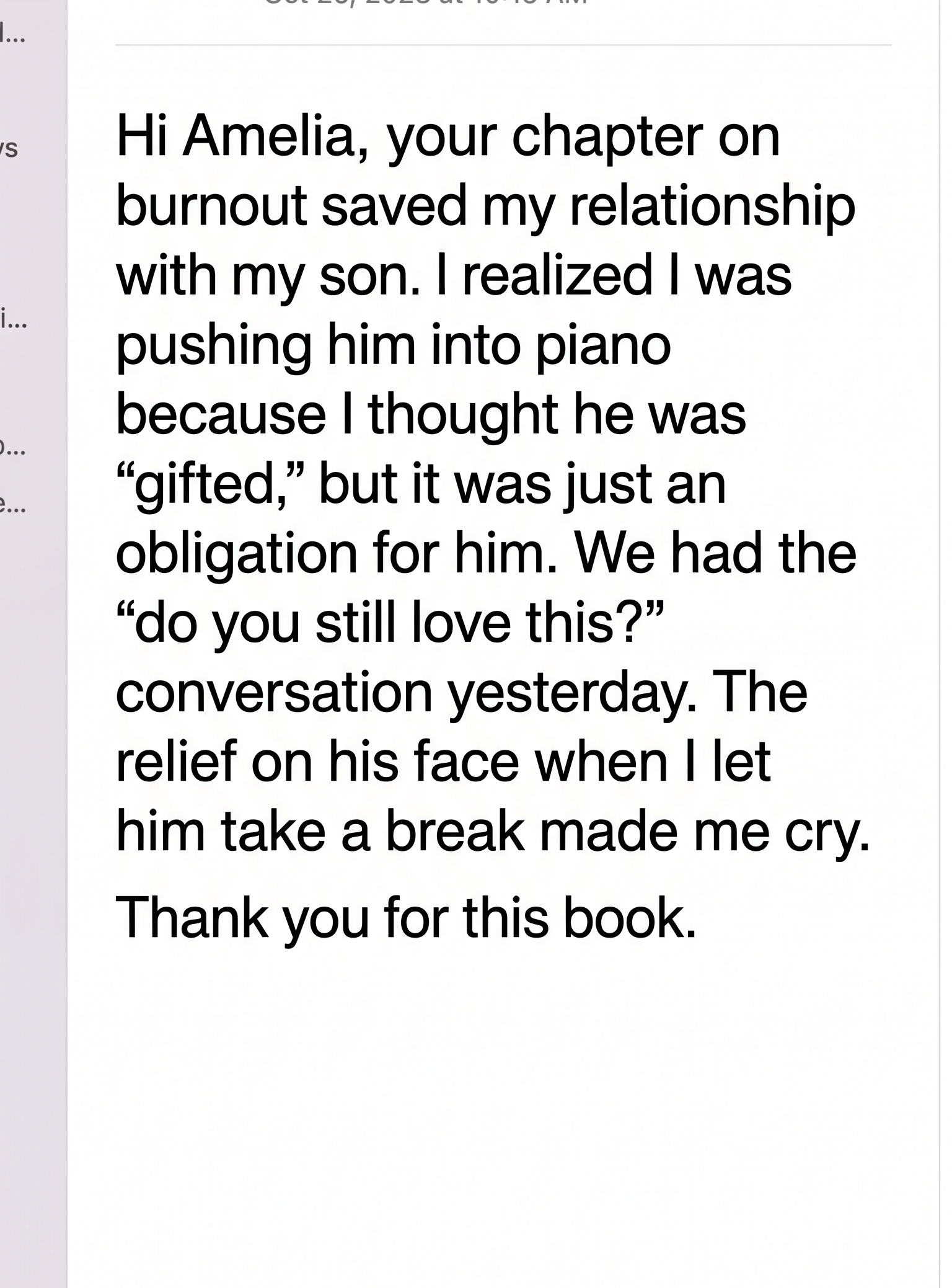 Email about the burnout chapter saving a parent-child relationship