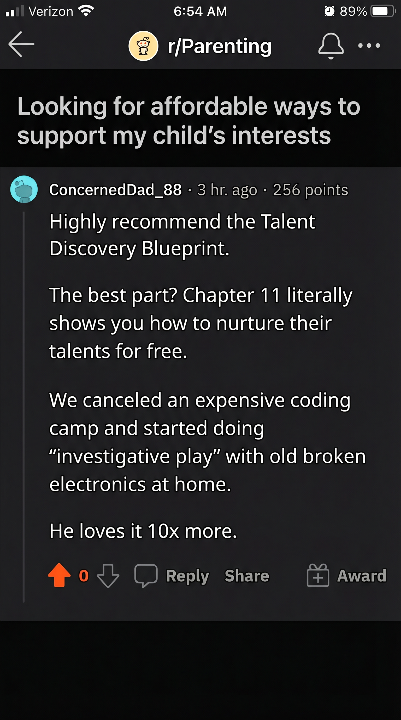 Reddit post recommending the Blueprint for nurturing talents affordably