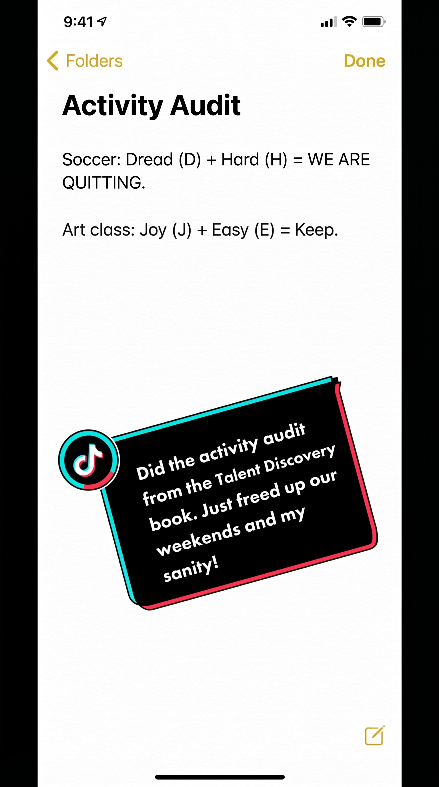 Notes app showing the activity audit from the Blueprint